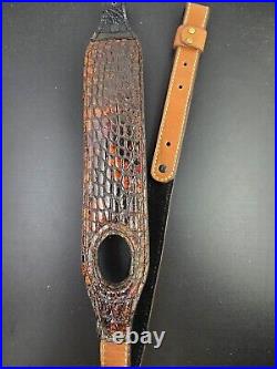 Padded RIFLE Firearm SLING with Authentic ALLIGATOR skin brown leather strap