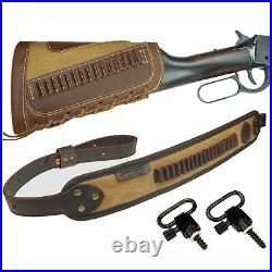 Real Leather Gun Shell Holder Buttstock +Shoulder Sling For. 22 LR. 17HMR. 22MAG