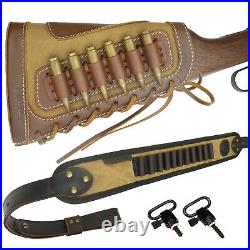 Retro 1 Set Leather Gun Shell Holder Buttstock +Canvas Rifle Sling Hunting -USA