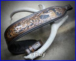 Rifle Sling, Brown Leather, Hand Carved, Up A Tree by Seelye Leather Works