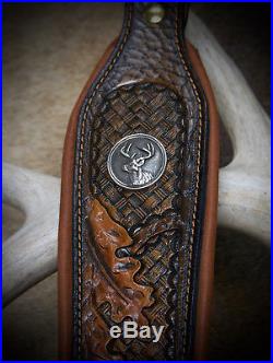 Rifle Sling, Brown Leather, Hand tooled, Made in USA, Wildlife Concho / Deer