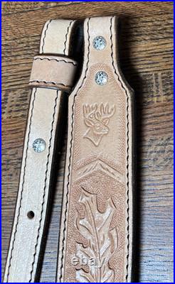 Rifle Sling Hand Tooled (Prison Made) Leather Oak Leaf Design with Deer Adjustable