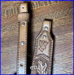 Rifle Sling Hand Tooled (Prison Made) Leather Oak Leaf Design with Deer Adjustable