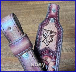 Rifle Sling Hand Tooled (Prison Made) Leather Western Design with Deer Adjustable