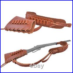 Set of Full Leather Rifle/Shotgun Ammo Holder Strap + Butt Cover for. 308.22 12GA