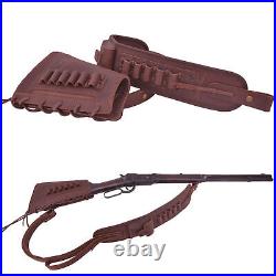 Set of Leather Rifle Buttstock Shotgun Magazine Pouch + Ammo Sling for. 308 12GA