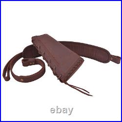 Set of Leather Rifle Buttstock Shotgun Magazine Pouch + Ammo Sling for. 308 12GA