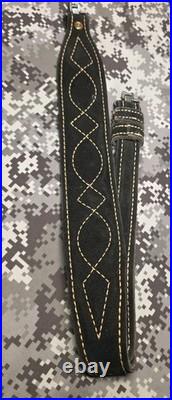 Stitched Designed Black Suede Leather Rifle Sling With Swivels