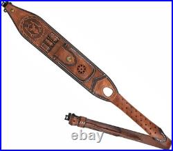 TOURBON Leather Rifle Sling with Accessory Pouch, Quick Release Metal Swivels, 3