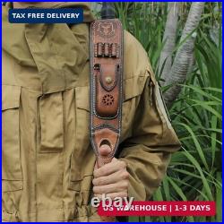 TOURBON Leather Rifle Sling with Accessory Pouch, Quick Release Metal Swivels, 3