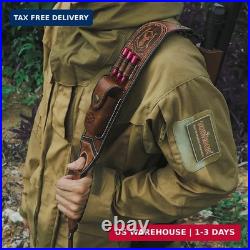 TOURBON Leather Rifle Sling with Accessory Pouch, Quick Release Metal Swivels, 3