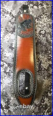Tooled Black Bear White Stitched Leather Thumbhole Suede Backed Wide Rifle Sling