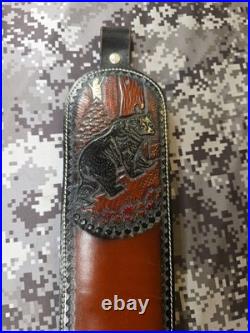 Tooled Black Bear White Stitched Leather Thumbhole Suede Backed Wide Rifle Sling