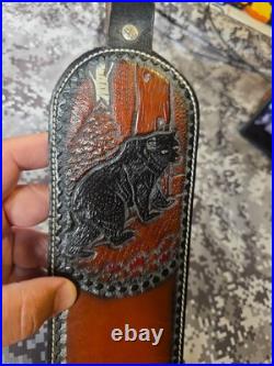 Tooled Black Bear White Stitched Leather Thumbhole Suede Backed Wide Rifle Sling