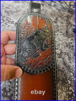 Tooled Black Bear White Stitched Leather Thumbhole Suede Backed Wide Rifle Sling