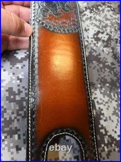 Tooled Black Bear White Stitched Leather Thumbhole Suede Backed Wide Rifle Sling