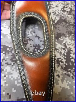 Tooled Black Bear White Stitched Leather Thumbhole Suede Backed Wide Rifle Sling