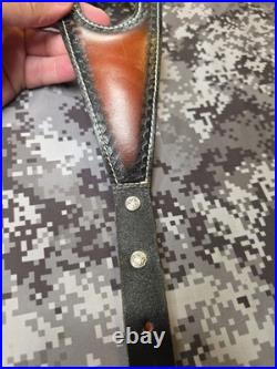 Tooled Black Bear White Stitched Leather Thumbhole Suede Backed Wide Rifle Sling