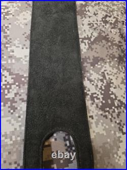 Tooled Black Bear White Stitched Leather Thumbhole Suede Backed Wide Rifle Sling