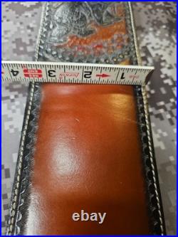 Tooled Black Bear White Stitched Leather Thumbhole Suede Backed Wide Rifle Sling