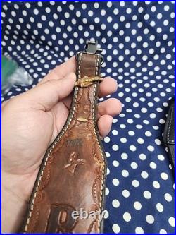 Tooled Remington Leather Rifle Sling White Stitched Suede Backed With Swivels