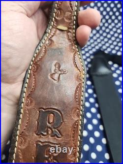 Tooled Remington Leather Rifle Sling White Stitched Suede Backed With Swivels