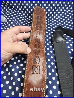 Tooled Remington Leather Rifle Sling White Stitched Suede Backed With Swivels