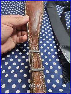 Tooled Remington Leather Rifle Sling White Stitched Suede Backed With Swivels