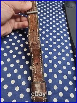 Tooled Remington Leather Rifle Sling White Stitched Suede Backed With Swivels