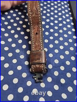 Tooled Remington Leather Rifle Sling White Stitched Suede Backed With Swivels