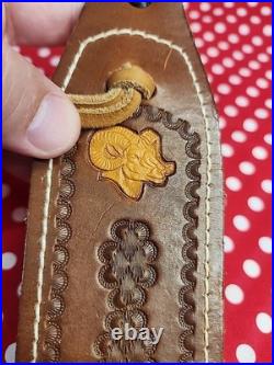 Tooled Sheep White Stitch Leather Rifle Sling Rocky Mountain Dall Bighorn Sheep