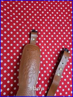 Tooled Stitched Whitetail Padded Leather Rifle Sling With Swivels Shotgun Sling