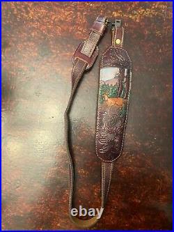Torel Leather Rifle Sling Vintage Deer Stag Padded Embossed 4850 With Swivels #956