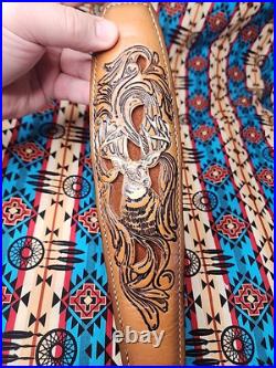 Torel Tooled Stitched Whitetail Buck Leather Padded Rifle Sling Suede Backed