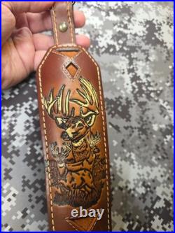 Torel White Stitched Tooled Trophy Whitetail Buck Leather Rifle Sling W Swivels