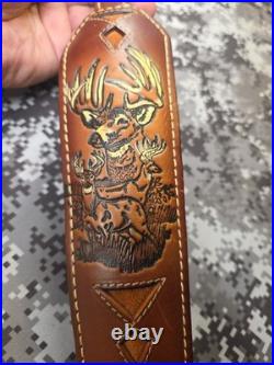 Torel White Stitched Tooled Trophy Whitetail Buck Leather Rifle Sling W Swivels