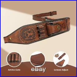 Tourbon Premium Leather Rifle Sling with 3-Round Ammo Holder &Side Pouch Hunting