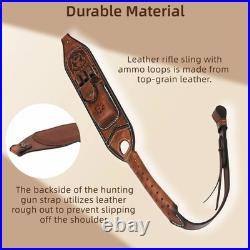 Tourbon Premium Leather Rifle Sling with 3-Round Ammo Holder &Side Pouch Hunting