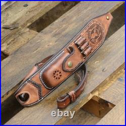 Tourbon Premium Leather Rifle Sling with 3-Round Ammo Holder &Side Pouch Hunting