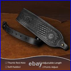 Tourbon Retro Black Leather Rifle Sling Gun Carry Strap Shooting+ 2 Pcs Swivels