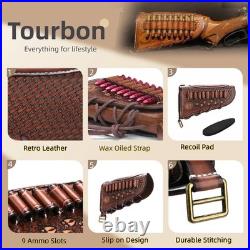 Tourbon Vintage Leather Gun Sling +Rifle Buttstock Cover Recoil Pad Ammo Holder