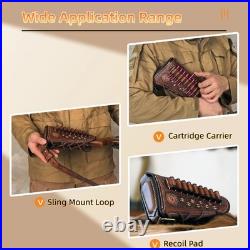 Tourbon Vintage Leather Gun Sling +Rifle Buttstock Cover Recoil Pad Ammo Holder