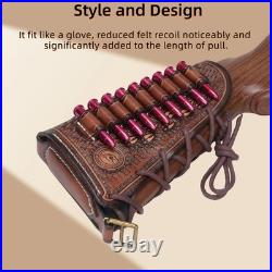 Tourbon Vintage Leather Gun Sling +Rifle Buttstock Cover Recoil Pad Ammo Holder