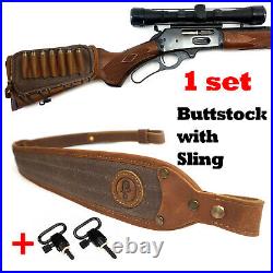 USA Canvas Leather Rifle Cartridge Buttstock + Sling Strap For 308 30-06. 45-70