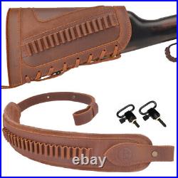 USA Leather Rifle Buttstock WITH Leather Gun Sling / Swivels For. 22 LR -Right