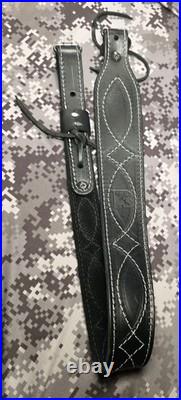 USA Tooled Black Leather White Stitched Whitetail Buck Suede Backed Rifle Sling