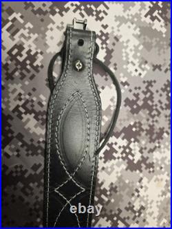 USA Tooled Black Leather White Stitched Whitetail Buck Suede Backed Rifle Sling