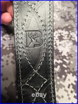USA Tooled Black Leather White Stitched Whitetail Buck Suede Backed Rifle Sling