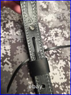USA Tooled Black Leather White Stitched Whitetail Buck Suede Backed Rifle Sling
