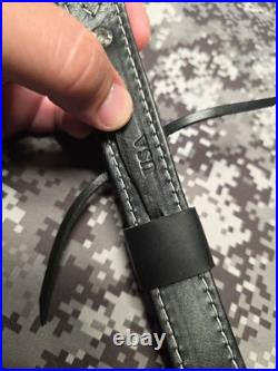 USA Tooled Black Leather White Stitched Whitetail Buck Suede Backed Rifle Sling